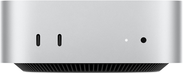 Mac mini, parte frontal, dos puertos Thunderbolt, luz indicadora de estado y entrada para audífonos, base cónica negra en la parte inferior, superficie plana en la parte superior, lados redondeados, bordes rectos, color plata