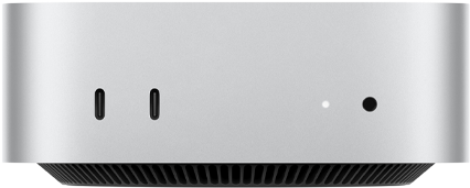 Mac mini, parte frontal, dos puertos Thunderbolt, luz indicadora de estado y entrada para audífonos, base cónica negra en la parte inferior, superficie plana en la parte superior, lados redondeados, bordes rectos, color plata