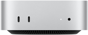 Mac mini, parte frontal, dos puertos Thunderbolt, luz indicadora de estado y entrada para audífonos, base cónica negra en la parte inferior, superficie plana en la parte superior, lados redondeados, bordes rectos, color plata