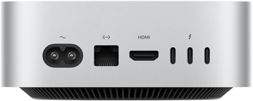 Mac mini, parte posterior, entrada para cable de corriente, puerto Ethernet, puerto HDMI, tres puertos Thunderbolt