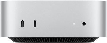 Mac mini, parte frontal, dos puertos Thunderbolt, luz indicadora de estado y entrada para audífonos, base cónica negra en la parte inferior, superficie plana en la parte superior, lados redondeados, bordes rectos, color plata