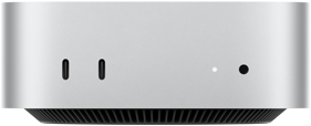 Mac mini, parte frontal, dos puertos Thunderbolt, luz indicadora de estado y entrada para audífonos, base cónica negra en la parte inferior, superficie plana en la parte superior, lados redondeados, bordes rectos, color plata