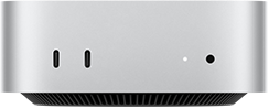 Mac mini, parte frontal, dos puertos Thunderbolt, luz indicadora de estado y entrada para audífonos, base cónica negra en la parte inferior, superficie plana en la parte superior, lados redondeados, bordes rectos, color plata