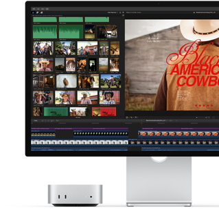 Una Mac mini conectada a un monitor Studio Display, la pantalla muestra el título de una película llamada Black American Cowboy a la derecha, con varias fotos a la izquierda