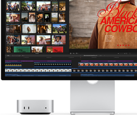 Una Mac mini conectada a un monitor Studio Display, la pantalla muestra el título de una película llamada Black American Cowboy a la derecha, con varias fotos a la izquierda