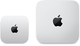 Dos dispositivos Mac mini, parte superior, aluminio color plata, esquinas redondeadas, logo de Apple negro brillante en el centro, el modelo a la izquierda corresponde al último lanzamiento y mide menos de la mitad que el dispositivo a la derecha