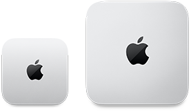 Dos dispositivos Mac mini, parte superior, aluminio color plata, esquinas redondeadas, logo de Apple negro brillante en el centro, el modelo a la izquierda corresponde al último lanzamiento y mide menos de la mitad que el dispositivo a la derecha