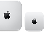 Dos dispositivos Mac mini, parte superior, aluminio color plata, esquinas redondeadas, logo de Apple negro brillante en el centro, el modelo a la izquierda corresponde al último lanzamiento y mide menos de la mitad que el dispositivo a la derecha