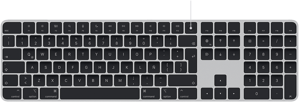 Flecha que indica la ubicación del sensor Touch ID en el Magic Keyboard, que se encuentra arriba de la tecla de borrar