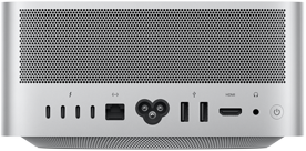 Vista de la parte posterior de una Mac&nbsp;Studio con cuatro puertos Thunderbolt 4, un puerto Ethernet de 10 Gb, un enchufe para cable de corriente, dos puertos USB-A, un puerto HDMI, una entrada de 3.5 mm para audífonos y un botón de encendido