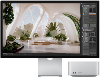 Vista delantera de un Studio Display junto a una Mac&nbsp;Studio