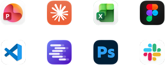 Íconos de apps de Microsoft PowerPoint, Claude de Anthropic, Microsoft Excel, Figma, Visual Studio Code, LM Studio, Adobe Photoshop y Slack
