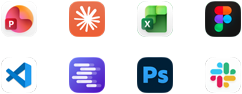 Íconos de apps de Microsoft PowerPoint, Claude de Anthropic, Microsoft Excel, Figma, Visual Studio Code, LM Studio, Adobe Photoshop y Slack