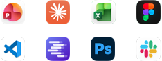 Íconos de apps de Microsoft PowerPoint, Claude de Anthropic, Microsoft Excel, Figma, Visual Studio Code, LM Studio, Adobe Photoshop y Slack
