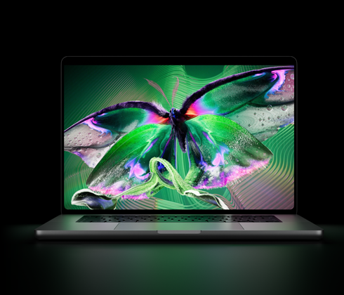 MacBook Pro con pantalla PROLED XDR, abierta, color plata, la pantalla muestra una imagen detallada, de alto contraste, con colores vívidos, la pantalla ilumina el teclado