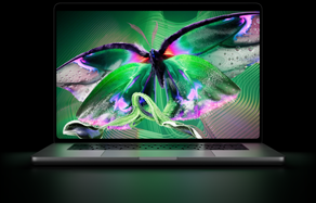 MacBook Pro con pantalla PROLED XDR, abierta, color plata, la pantalla muestra una imagen detallada, de alto contraste, con colores vívidos, la pantalla ilumina el teclado