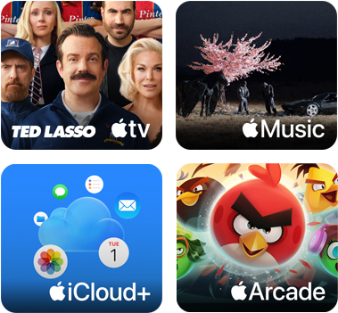 Cuatro recuadros, el recuadro de Apple TV muestra personajes de la serie Ted Lasso, el recuadro de Apple Music muestra la portada del álbum 5ive de Davido, el recuadro de iCloud Plus muestra una nube rodeada de los íconos de las apps Fotos, Calendario, Mail, Recordatorios, Mensajes y Archivos, el recuadro de Apple Arcade muestra personajes del juego Angry Birds