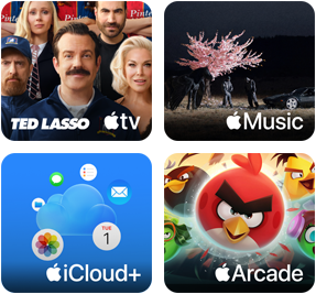 Cuatro recuadros, el recuadro de Apple TV muestra personajes de la serie Ted Lasso, el recuadro de Apple Music muestra la portada del álbum 5ive de Davido, el recuadro de iCloud Plus muestra una nube rodeada de los íconos de las apps Fotos, Calendario, Mail, Recordatorios, Mensajes y Archivos, el recuadro de Apple Arcade muestra personajes del juego Angry Birds