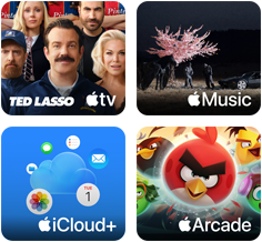 Cuatro recuadros, el recuadro de Apple TV muestra personajes de la serie Ted Lasso, el recuadro de Apple Music muestra la portada del álbum 5ive de Davido, el recuadro de iCloud Plus muestra una nube rodeada de los íconos de las apps Fotos, Calendario, Mail, Recordatorios, Mensajes y Archivos, el recuadro de Apple Arcade muestra personajes del juego Angry Birds