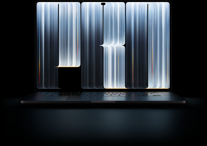 MacBook Pro con pantalla PROLED XDR, color negro espacial, la pantalla muestra una imagen de patrones compactos hechos con rayas brillantes que forman la palabra Pro
