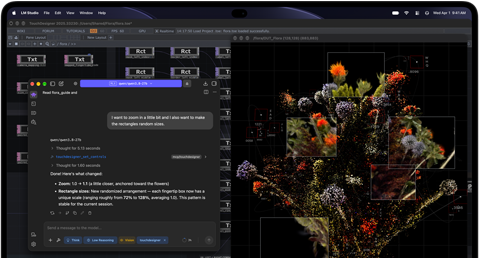 MacBook Pro con pantalla PROLED XDR, color negro espacial, la pantalla muestra una imagen siendo creada con TouchDesigner y LM Studio