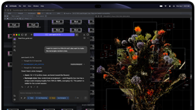 MacBook Pro con pantalla PROLED XDR, color negro espacial, la pantalla muestra una imagen siendo creada con TouchDesigner y LM Studio