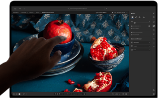 Una MacBook Pro con pantalla PROLED XDR muestra una imagen con granadas y cerámicas y textiles azules, Una mano se acerca a la pantalla para interactuar con la obra