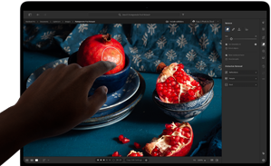 Una MacBook Pro con pantalla PROLED XDR muestra una imagen con granadas y cerámicas y textiles azules, Una mano se acerca a la pantalla para interactuar con la obra
