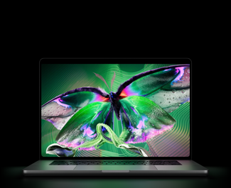 MacBook Pro con pantalla PROLED XDR, abierta, color plata, la pantalla muestra una imagen detallada, de alto contraste, con colores vívidos, la pantalla ilumina el teclado
