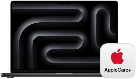 Logo del AppleCare+ junto a una MacBook Pro