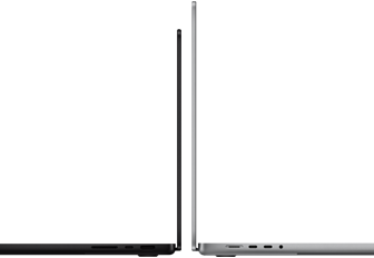 MacBook Pro de 14 pulgadas y de 16 pulgadas colocadas una contra otra, para mostrar la diferencia de tamaño y destacar el perfil delgado