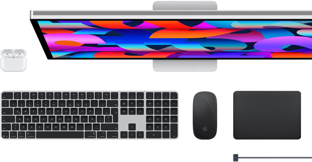 Accesorios para la Mac: AirPods, Studio Display, Magic Keyboard, Magic Mouse, Magic Trackpad, cable de carga MagSafe en negro espacial
