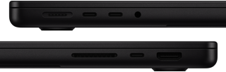 Vista de los puertos de la MacBook Pro, lado izquierdo: MagSafe 3, dos puertos Thunderbolt y entrada para audífonos, lado derecho: ranura para tarjeta SDXC, un puerto Thunderbolt y puerto HDMI