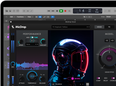 Contenido en pantalla que muestra el software MicDrop usando funcionalidades de IA para editar una grabación de voz en una MacBook Pro