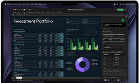 Pantalla de una MacBook Pro con una hoja de cálculo de Excel con datos de un portafolio de inversiones, gráfica de barras verde, gráfica de dona morada y Copilot en la barra lateral con los totales trimestrales