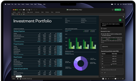 Pantalla de una MacBook Pro con una hoja de cálculo de Excel con datos de un portafolio de inversiones, gráfica de barras verde, gráfica de dona morada y Copilot en la barra lateral con los totales trimestrales
