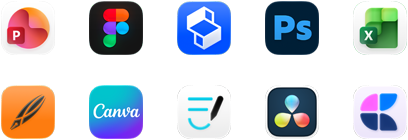 Diez íconos de apps en dos filas: PowerPoint, Figma, Shapr3D, Photoshop, Excel, Linearity, Canva, GoodNotes, DaVinci Resolve y Craft