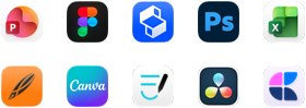 Diez íconos de apps en dos filas: PowerPoint, Figma, Shapr3D, Photoshop, Excel, Linearity, Canva, GoodNotes, DaVinci Resolve y Craft
