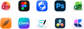 Diez íconos de apps en dos filas: PowerPoint, Figma, Shapr3D, Photoshop, Excel, Linearity, Canva, GoodNotes, DaVinci Resolve y Craft
