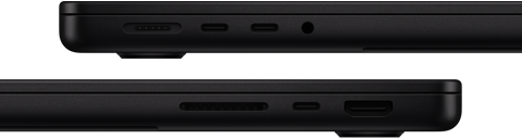 Vista de los puertos de la MacBook Pro, lado izquierdo: MagSafe, dos puertos Thunderbolt y entrada para audífonos, lado derecho: SDXC, un puerto Thunderbolt y puerto HDMI
