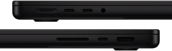 Vista de los puertos de la MacBook Pro, lado izquierdo: MagSafe, dos puertos Thunderbolt y entrada para audífonos, lado derecho: SDXC, un puerto Thunderbolt y puerto HDMI