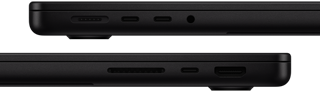 Vista de los puertos de la MacBook Pro, lado izquierdo: MagSafe, dos puertos Thunderbolt y entrada para audífonos, lado derecho: SDXC, un puerto Thunderbolt y puerto HDMI
