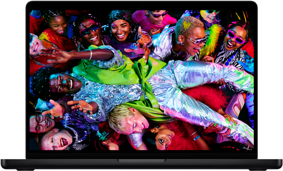 Imagen colorida de una persona en posición horizontal siendo sostenida por una multitud en una fiesta, destacando la brillante pantalla Liquid Retina XDR de la MacBook Pro