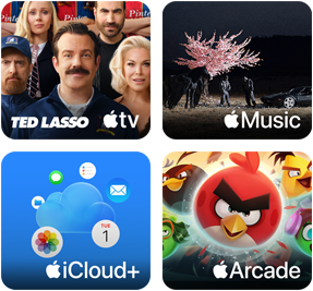 Recuadros de Apple One: Apple TV, Apple Music, iCloud+ y Apple Arcade