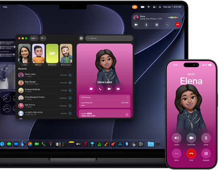 MacBook Pro y iPhone , app Teléfono abierta, el mismo contacto aparece en ambas pantallas