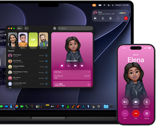MacBook Pro y iPhone , app Teléfono abierta, el mismo contacto aparece en ambas pantallas