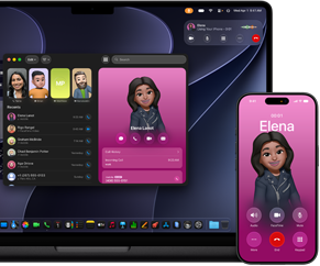 MacBook Pro y iPhone , app Teléfono abierta, el mismo contacto aparece en ambas pantallas