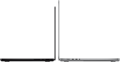 MacBook Pro de 14 pulgadas en negro espacial junto a una MacBook Pro de 16 pulgadas en color plata