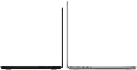 MacBook Pro de 14 pulgadas en negro espacial junto a una MacBook Pro de 16 pulgadas en color plata