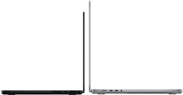 MacBook Pro de 14 pulgadas en negro espacial junto a una MacBook Pro de 16 pulgadas en color plata